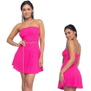 Strapless Skater Cocktail Homecoming Dress with a Chain Belt,S,M,L, Hot Pink